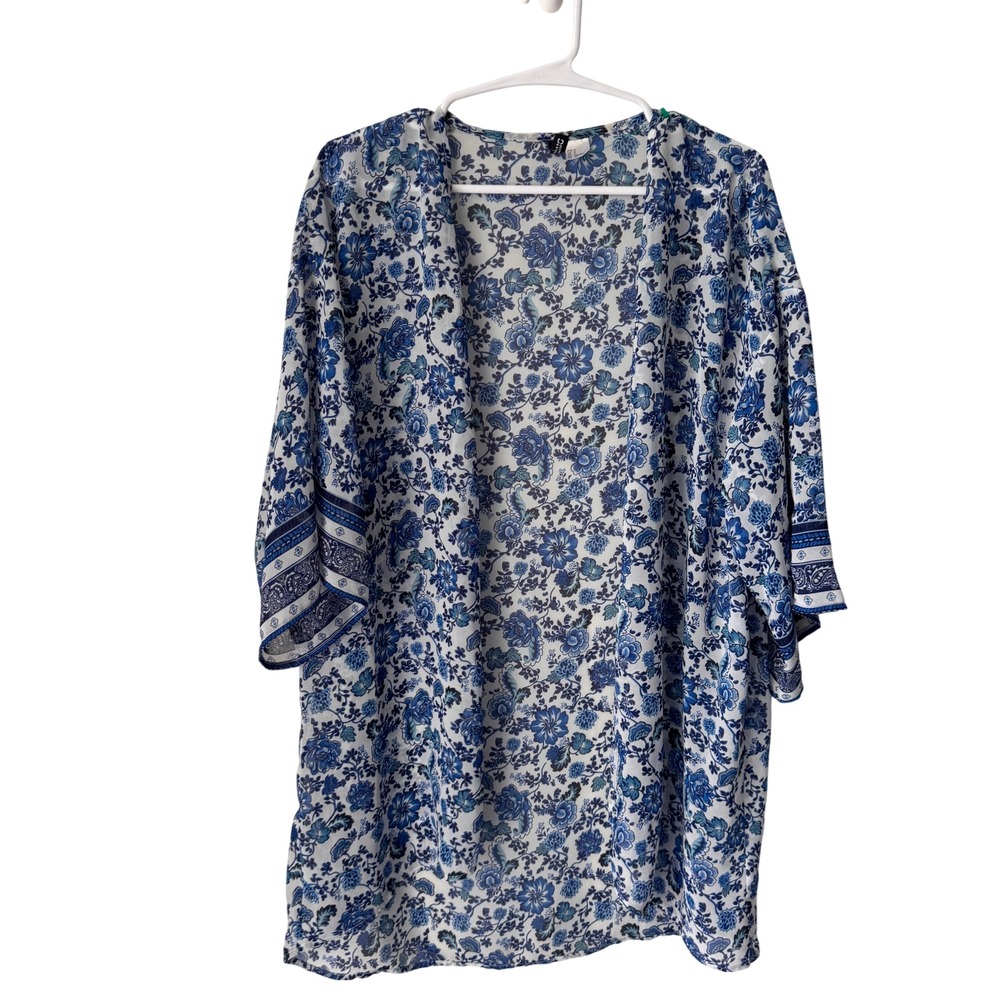 H&M Divided Blue White Floral Kimono Cardigan Open Front Boho Coverup Small